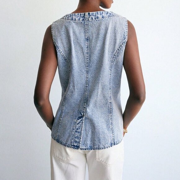 Light Wash Casual Women's Washed Floral Pattern Front Button Denim Vest - Picture 4 of 8